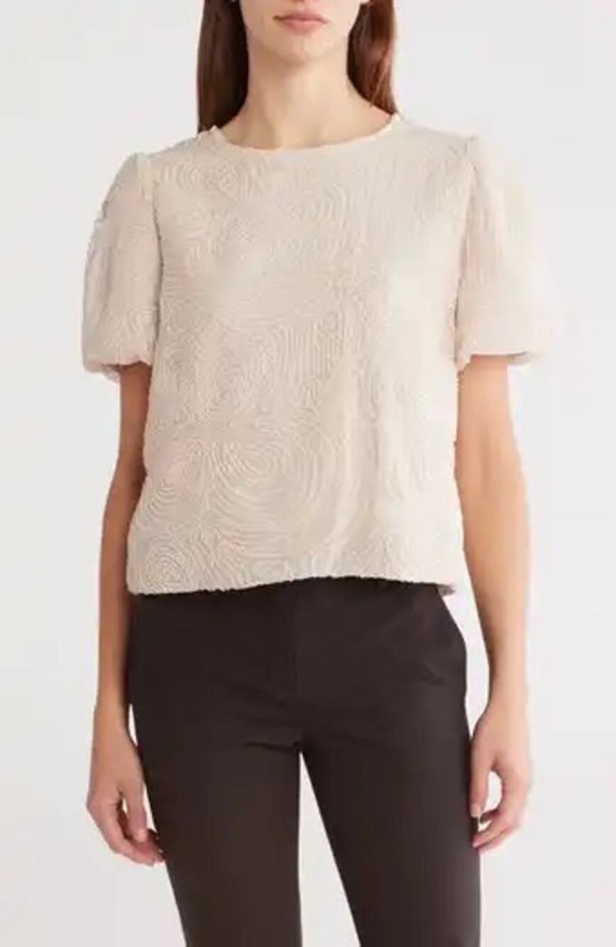 Adrianna Papell All Over Ribbon Embroidery Short Puff Sleeve Top Womens XL New